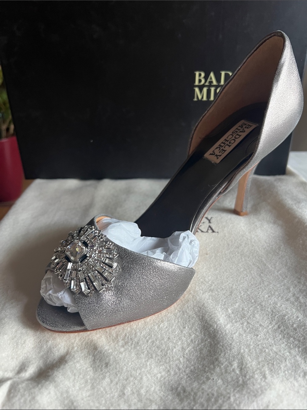 Badgley Mischka Silver Crystal-Embellished Peep-Toe Heel